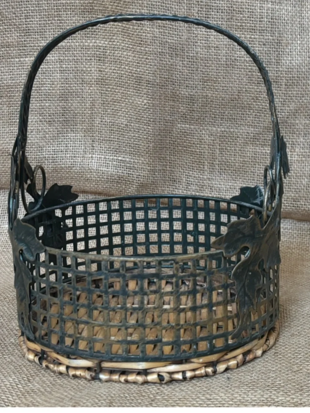 Distressed Leaf Open Weave Metal Basket with Wicker Base Rustic Farmhouse Tuscan